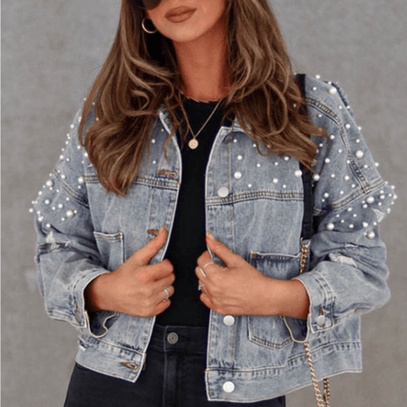Sky Blue Distressed Pearls Star Cropped
Denim Jacket - Picture 3 of 15